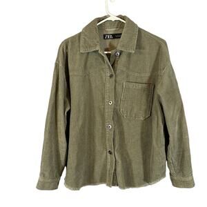 Zara Olive Ribbed Textured Long Sleeve Collared Button Down Shirt Women Sz S